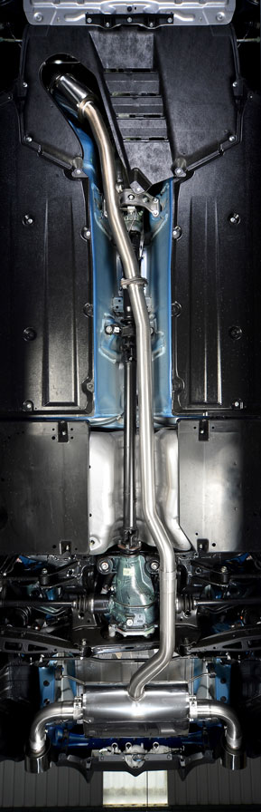 Full Milltek Sport Primary Cat-back System - including the Over-Pipe (hidden above the engine tray), secondary catalyst replacement pipe (shown at the very top of the picture), non-resonated (louder) centre section, rear silencer and dual tailpipes